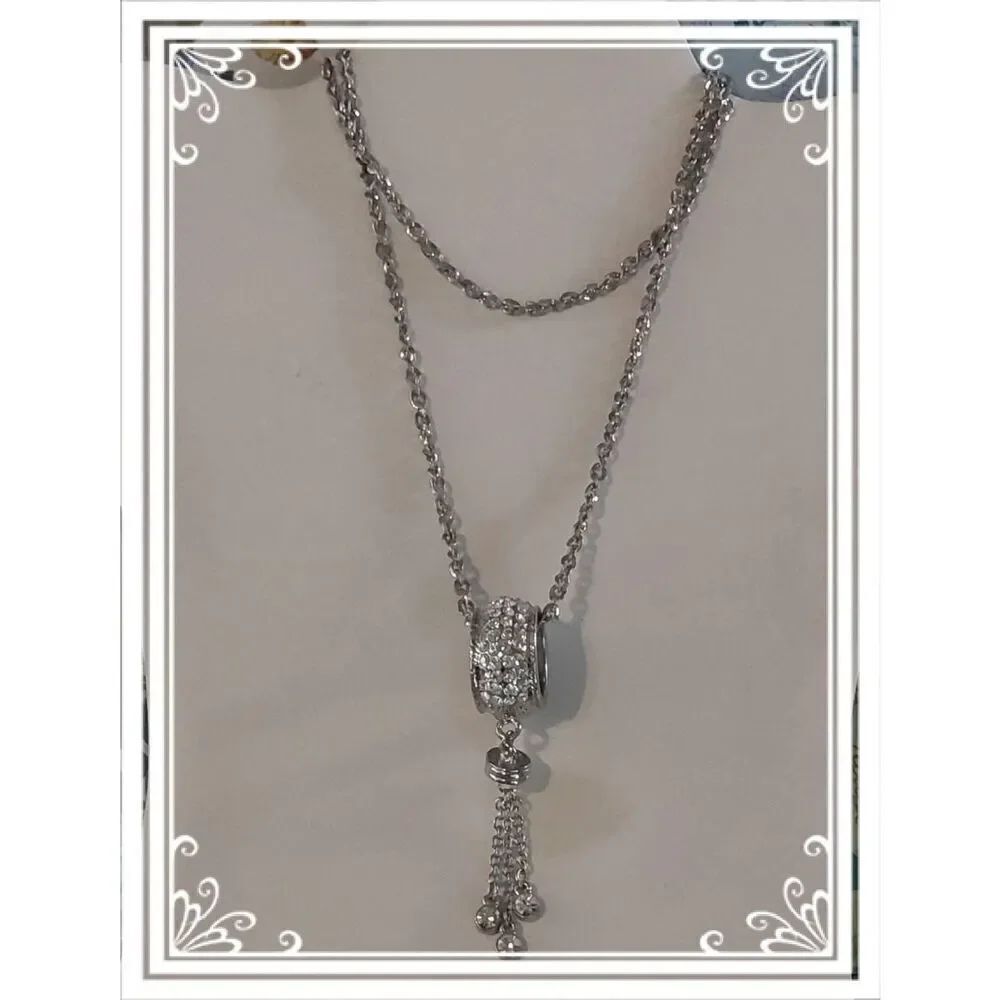 Stunning Silver Rhinestone Studded Barrel Pendant & Fringe Long Chain Necklace